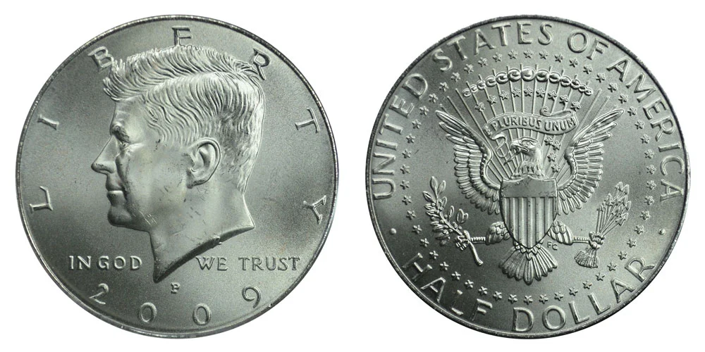 2009 Kennedy half dollar obverse and reverse showing P mint mark and heraldic eagle design