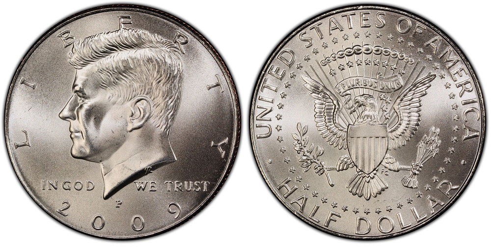 Side-by-side comparison of 2009-P Kennedy half dollar regular business strike vs satin finish SP variety showing surface texture difference