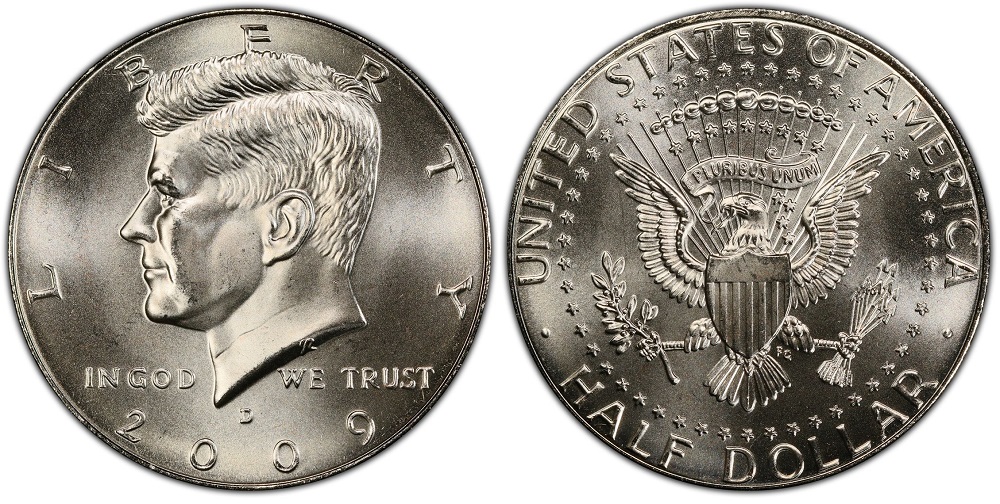 2009-P Kennedy half dollar high-grade MS68 business strike showing exceptional cartwheel luster under lighting