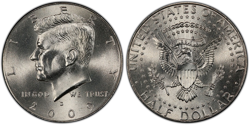 2009-D Kennedy half dollar satin finish SP variety showing distinctive matte granular surface texture compared to regular business strike