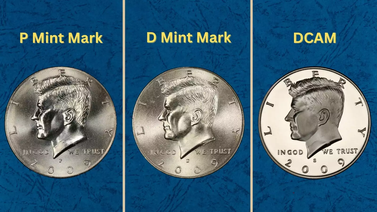 Group of six 2009 Kennedy half dollar varieties including P and D business strikes, satin finish SP coins, and S-mint proofs